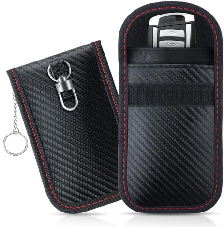 JUSTTOP 2-Pack Faraday Key Fob Protector, 3.15X5.12 Double-Layer Carbon Fiber Material Anti-Theft Faraday Bag | Car RFID Signal Blocking Pouch, Anti-Hacking for Car Key Fob Cover (Black)