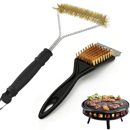 2 Piezas Cepillo Barbacoa,Cepillo Barbacoa de Limpieza,Cepillo para Parrilla de Latón,Con Raspador de Acero Inoxidable,Para Limpiar Parrillas de Hierro Fundido,Barbacoas de Gas y Carbón (Y + Espátula)