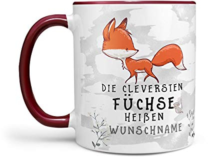 Sunnywall Fuchs-Tasse Kaffeebecher Wunsch-Tasse Geburtstags-Tasse Geschenk-Tasse schwarz inkl. gratis Geschenkkarte Der cleversten Füchse heißen Wunschname (rotbraun)