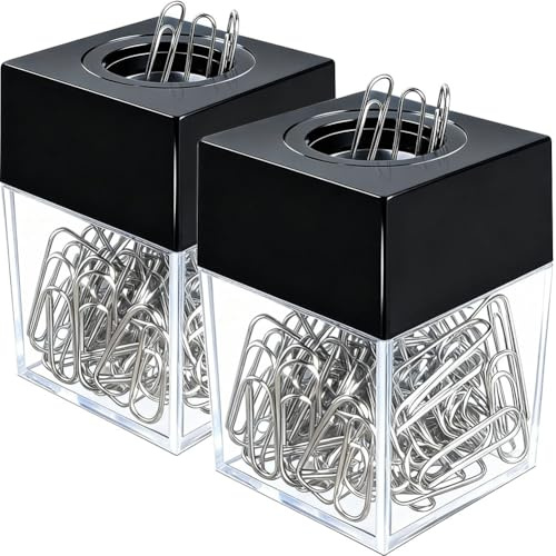 grwanpen® 2 magnetic paper clip dispenser boxes with 100 metal paper clips each,Black
