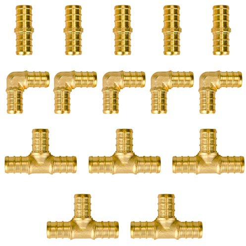 SUNGATOR 15-Pack 1/2 Inch PEX Fittings, 5 Each Elbow Tee Coupling, No Lead Brass, Pex Fittings 1/2 Inch Assortment, UPC, NSF Certified