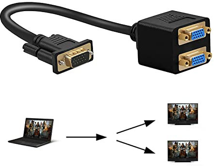 Herfair VGA Splitter SVGA Y Cable D-Sub Male to Dual Female VGA Extender for 2 Monitors Screen Duplication (Standard 15 Pin VGA, One Male to Two Female)