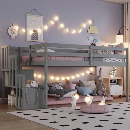 Mirightone Low Loft Bed with Stairs Twin Loft Bed with Storage Wood Bed Frame for Kids Teens Girls Boys, Gray