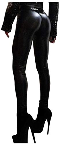 Pantalon Femme Cuir Noir Taille Haute Slim Sexy Leggings Sport Pas Cher a la Mode Pantalons Chic et Elegant Casual pour Gym Fitness Jogging Yoga (L, Noir)