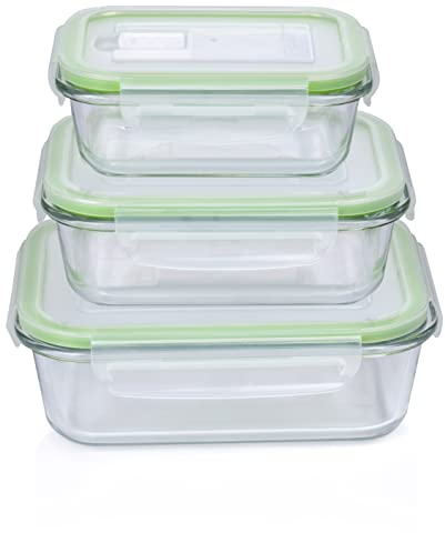 Alpina Tarros con tapa – Vidrio – 3 piezas – Recipiente de cristal – Caja de almacenamiento – Microondas, Congelador, Sobre y Lavavajillas – 370, 640 y 1050 ml
