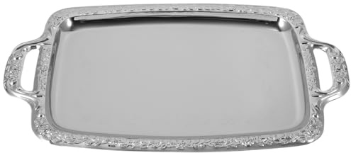 Cabilock Silver Serving Tray with Handles, Large Rectangular Stainless Steel Ottoman Platter, Polished Metal Vanity Perfume Organiser for Coffee Table Decor (39x23cm)