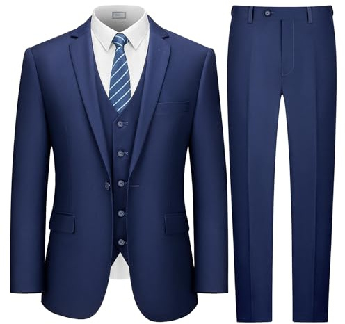 LUPURTY Suits for Men, 3 Piece Men's Suit Slim Fit, Solid Jacket Vest Pants with Tie, One Button Tuxedo Set for Business, Wedding, Navy Blue L