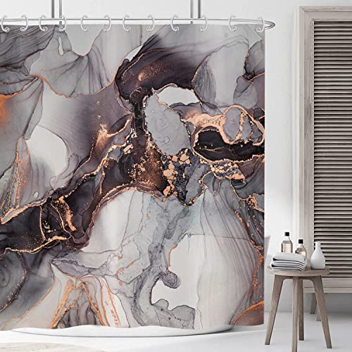Marmor Duschvorhang Schwarz Gold 180x220 cm, ASDCXZ Modern Abstrakt Grau Schwarz Gold Marmor Optik Überlänge Waschbar Duschvorhänge Polyester Textil Wasserdicht Duschvorhang für Badewanne mit 12 Haken