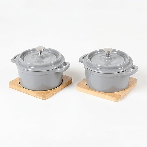 HAWOK Mini-Kokotte-Set aus emailliertem Gusseisen, rund, Durchmesser: 9,9 cm, 266 ml, Mini-Dutch Oven mit Bambus-Tablett, Grau, 2 Stück