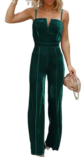 BLENCOT Sleeveless Velvet Jumpsuits For Women V Neck Spaghetti Straps Wide Leg Long Pants Dressy Rompers Winter Overalls Green Small