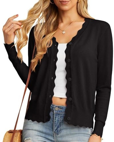GRECERELLE Cardigan Femme avec Boutons et Encolure en V Cardigan Femme Léger et Estival Elégant avec Dentelle (Noir, XXL)