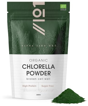 Poudre de chlorella bio 200 g - Paroi cellulaire cassée - Complément alimentaire pur sans additifs - Sachet refermable et recyclable - par Alpha01