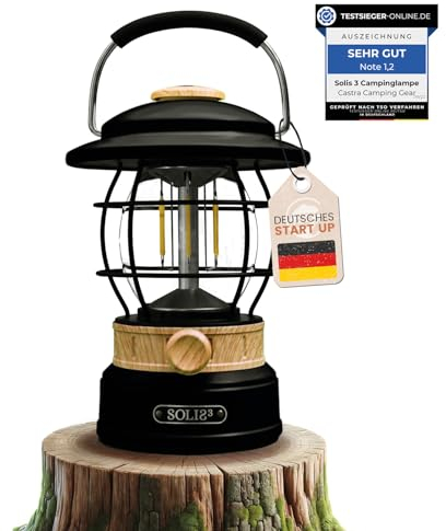 Castra Camping Gear Solis 3 Campinglampe, 8000mAh aufladbarer Akku mit integrierter Powerbank, dimmbares Licht, IP44 Wasserfeste Outdoor LED Laterne, Leuchte für Wandern (Schwarz (Holzeffekt))