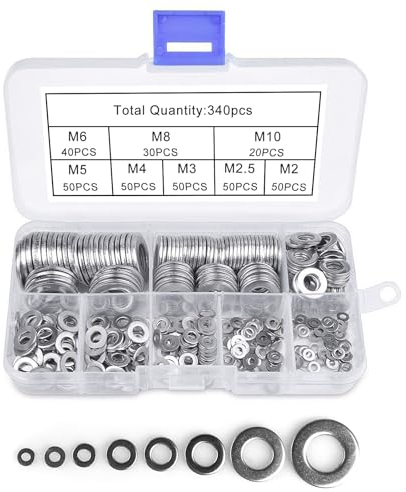 Diompirux 340 Piezas Arandelas de Acero Inoxidable, 8 Tamaños Arandela Espaciadora Redonda, 304 Acero Inoxidable Arandelas Planas, para Tornillos,Pernos, Sujetadores, (M2,M2.5,M3,M4,M5,M6,M8,M10)