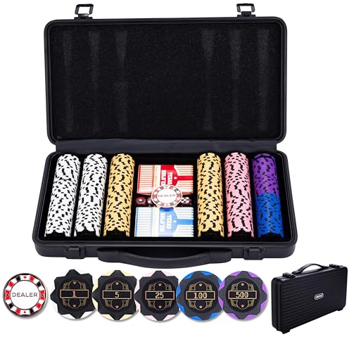 Engelhart – 320951 – Pokerset svart metallväska med 300 marker (14 g) numrerade (1–500), 2 kortlekar, 1 dealerknapp, 5 tärningar | Casino Set Texas Holdem Turneringsset: 2 spelkortplatser plast, metalldealer knapp, 5 kuber, 40,5 x 23,5 cm