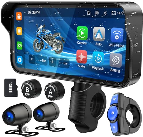Weuaste 6.25 Motorcycle Carplay with HD Waterproof Touchscreen, Android Auto, TPMS, GPS Navigation System, Dash Cam, Remote Control, Loop Recording, Support Siri, Bluetooth, Inclued 128G SD Card