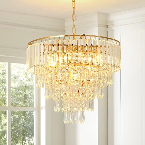 Seenvlog Modern Crystal Chandelier, Φ50cm Gold Crystal Pendant Light, Contemporary Raindrop Round Chandelier for Dining Room, Living Room, Bedroom, Entryway, Staircase, Kitchen Island