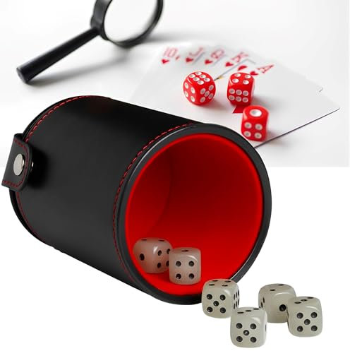 WYFCR Würfelbecher aus PU-Leder mit passendem Deckel, inklusive 6 Nachtlichtwürfel Würfeln, filzgefütterter Würfelbecher-Set für Liars Farkle Yahtzee Würfelspiele,würfelbecher Leder
