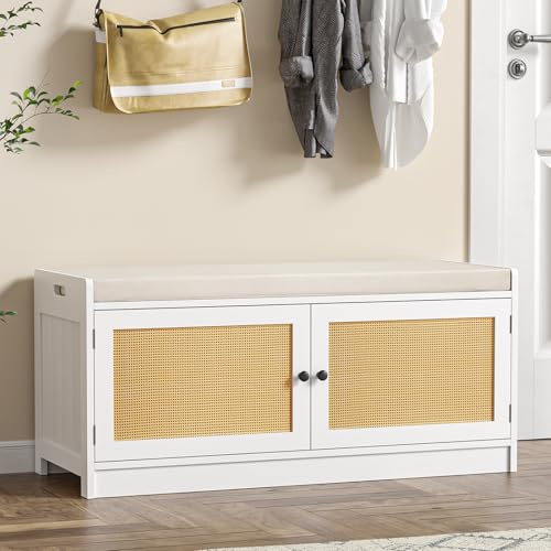 Skokliz Meuble Chaussure, Banc Chaussures entrée avec Coussin Confortable, Rangement Chaussure, Coffre de Rangement Étagère pour Étroit Bois Laqué