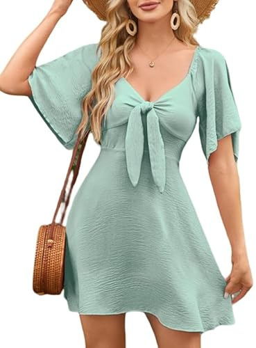 Sukiglam Robe Femme Ete Élégante Trapèze Robes Courte Col en V Nœud Papillon et Manches Courtes Décontractée Mini Robes de Plage Dos Élastique Robe Patineuse