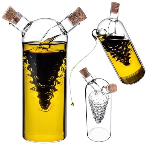 KADAX Bouteille en Verre 2 en 1 pour Huile et Vinaigre - Distributeur d'Huile 300 ml avec Vinaigrier 50 ml - Bouchon en Liège