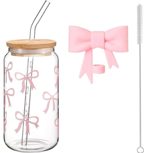 Vaso de 450 ml con tapas y pajitas, vaso de cristal con tapa de paja a prueba de polvo y cepillo de limpieza de paja, vaso de cristal con lazo rosa, vaso versátil para café, batidos, cócteles, té