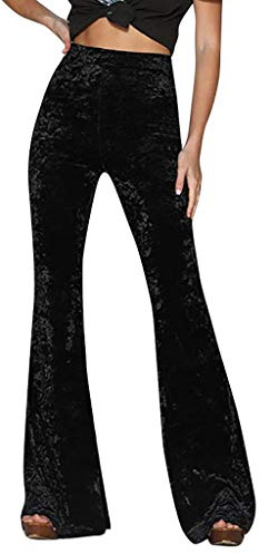 PODOLIXIA Pantalones largos para mujer, cintura alta, terciopelo, acampanados, pantalones de ocio, corte bootcut, pantalones de fiesta con goma elástica, pantalones anchos para festivales bodas, Negro