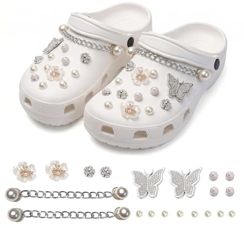 MNYXIS 20 Pièces Breloques pour Sabots Papillon Argenté et Perles Roses,pins-crocs,Décorations de Chaussures en Strass Cristal, Accessoires Bijoux DIY pour Femmes et Filles,Déco pour Sandales de Plage