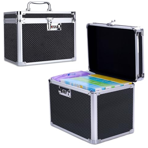 Caja de almacenamiento con cerradura de combinación, marco de aluminio, 26 x 18 x 20 cm, para medicamentos, documentos y objetos de valor, caja fuerte para niños (negro)