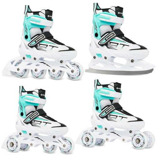 RAVEN Profession 4in1 Inline Skates Pattini in linea Triskates Pattini a rotelle/da ghiaccio per bambini e adulti regolabili (White/Mint, 31-35 (20,5cm-23cm))