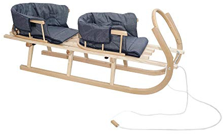 Schlitten Duo aus Holz Holzschlitten für Zwei Kinder mit Zwei Rückenlehne Rodelschlitten Davoser Schlitten aus Holz mit einem Sicherheitsgurt, Rückenlehne, Matratze für Kinder und Erwachsene (Blau)