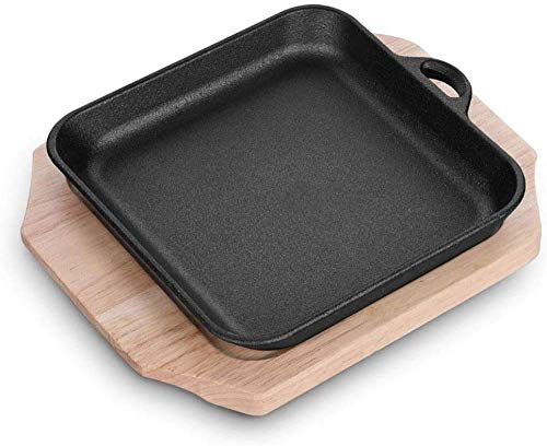 Piatto Teppanyaki Padella Quadrata Rotonda in Ghisa e Base in Legno con Manico Accessori per la Cucina Domestica e Cucina Ideale per Grigliare Carne, Pesce e Frutti di Mare