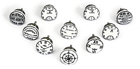 Jeu de 10 poignées de céramique avec conceptions d'horloges vintage, peint à la main. Tireurs à la main pour armoires, tiroirs et confortables. Poignées classiques de 40 mm de diamètre.