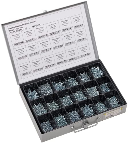 SWG Sortiment Blechschrauben DIN 7981 – 18 verschiedene Schrauben mit insgesamt 1450 Teilen | Schrauben Set | Sortimentskasten | Blechschrauben | Schraubenset | Schrauben Sortierkasten | Schraubenbox