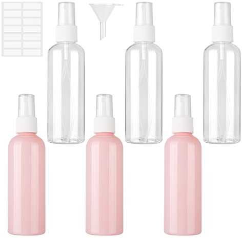 6 Pcs Travel Bottles for Toiletries, 100ml Empty Plastic Fine Mist Atomiser Bottle Small Refillable Cosmetic Containers with 2 Funnels and Label for Perfume Cosmetic and Liquids(3 Pink + 3 White)