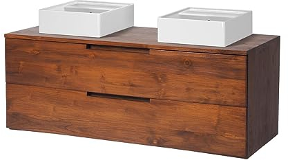 Vente-unique-Mobili per bagno sospeso con lavabo doppio 2 cassetti 115 cm in Teak scuro - BIMBING
