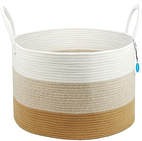 Casaphoria Cesto portaoggetti, cesto portabiancheria, 50,8 x 50,8 x 33 cm, cesto per coperte, cesto in corda di cotone, cesto portabiancheria, coperta per soggiorno (bianco e marrone sfumato