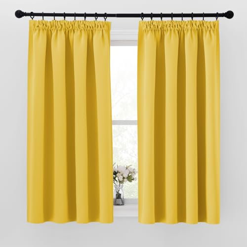 PONY DANCE Thermal Blackout Curtains for Bedroom - Pencil Pleat Curtain Sunny Yellow Window Treatment Panels Noise Reduced for Small Window Privacy Protection, 2 Pieces, W46 X L54