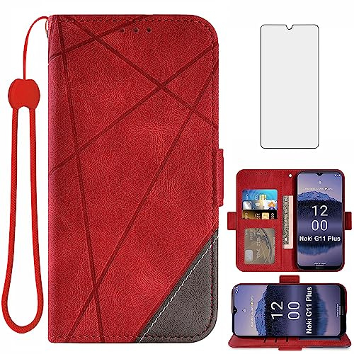 Asuwish Handyhülle für Nokia G11 Plus Hülle mit Glas Folie Schutzfolie Kartenfach Klappbar Leder Geldbörse Ständer G 11 G11+ G11Plus Handy Hüllen Schutzhülle Handyhüllen Panzerfolie Phone Case Rot