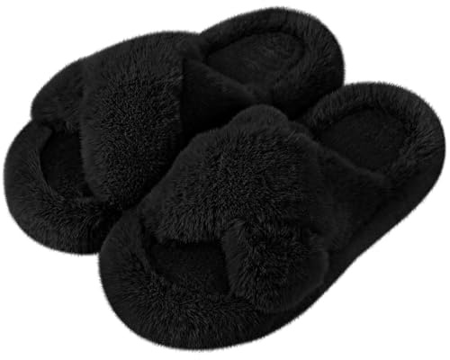 Wostock Zapatillas de Estar por Mujer Felpa Punta Abierta Chanclas Pantuflas de Casa Cómodos Calentitas Plano Suela de Goma Antideslizante Zapatos Interior