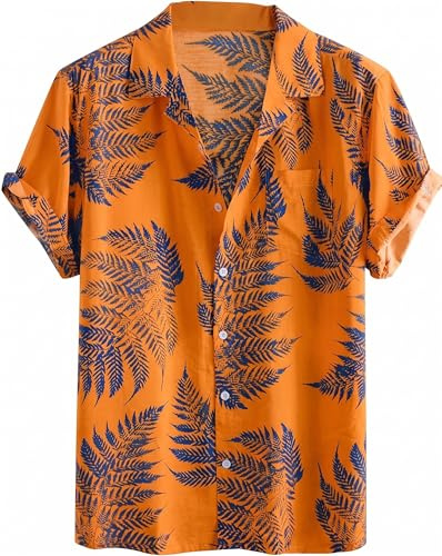 Runcati Hawaii-skjorta för män, kortärmad skjorta, funky sommarskjorta, ledig strandskjorta, button down, fritidsskjortor, Hawaii semesterskjorta, GUL, XL
