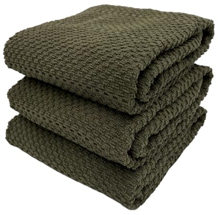 Olive Green Kitchen Hand Dish Towels: Oversized 28 x 18,100% Cotton Cloth Soft Cleaning Drying Absorbent Ribbed Design, Set of 3 Multipurpose for Everyday Use (Olive Textured)