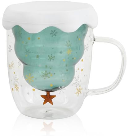 volumoon Weihnachtstassen, Kaffeetasse, Weihnachtskaffeebecher mit Henkel, Trinkbecher, Tee Tassen, Doppelwandige Isolierglas mit Deckel, Weihnachtsgeschenke für Familie, Freunde, Kinder, Mädchen