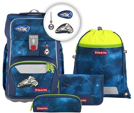 Step by Step Giant Schulranzen-Set „Starship Galactus“, 5-teilig, blau, ergonomischer Tornister mit Reflektoren, höhenverstellbar mit Hüft- und Brustgurt, für Jungen ab der 1. Klasse, 23 Liter