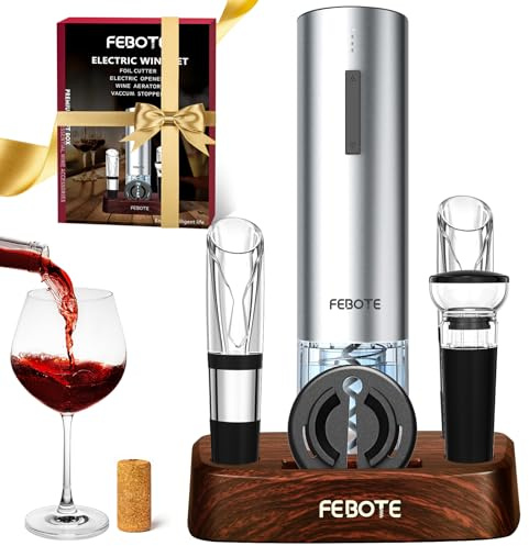 Febote Electric Wine Opener Set for Home Bar Party - 5-in-1 Automatic Rechargeable Corkscrew with Charging Base, Foil Cutter, Vacuum Stoppers, Aerator, Accessories Premium Mahogany Base - Brown