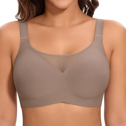 Cavotor Non Wired Bras for Women Seamless Push Up Bra T Shirt Soft Comfort Support Bras for Saggy Breasts Lace Wireless Bralettes with Bra Extender (Coffee,M)
