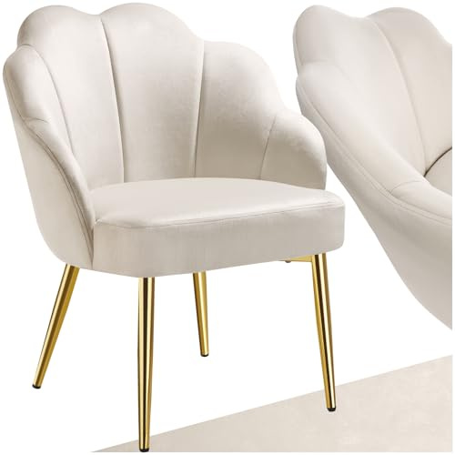 tectake® Cocktailsessel in Muschelform, Samt Stuhl mit Armlehne, Sessel Wohnzimmer, Loungesessel, Stühle Esszimmer, Relaxsessel, Sessel Schlafzimmer, Deko Zimmer, Lesesessel - créme/Gold, 1 Stuhl