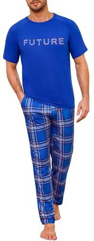 Marvmys Pijama Hombre Algodon Conjunto de Pijama Hombre Camiseta de Manga Corta con Cuello Redondo y Pantalones Largos de Cuadro con Bolsillos y Cordón