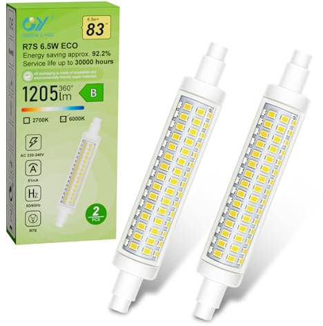 GY Classe B R7S LED Lampadina 6,5 W 230 V 1205 Lumen, bianco freddo 6500 K, 6,5 Eq.100 W, lampadina a risparmio energetico non dimmerabile, ideale per lampade da ufficio, illuminazione a soffitto e