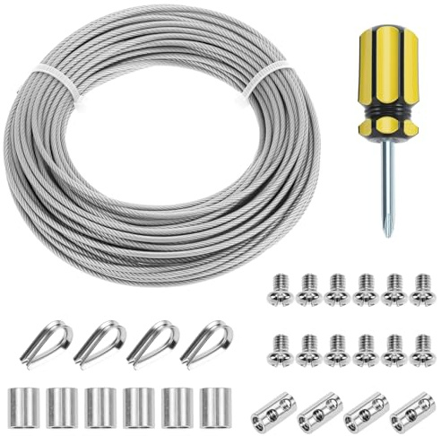 QWORK® Cable de acero inoxidable 20M/2mm, M2 manguitos de cable, M2 anillos de engarce, para exteriores, kit de suspensión de cuerda